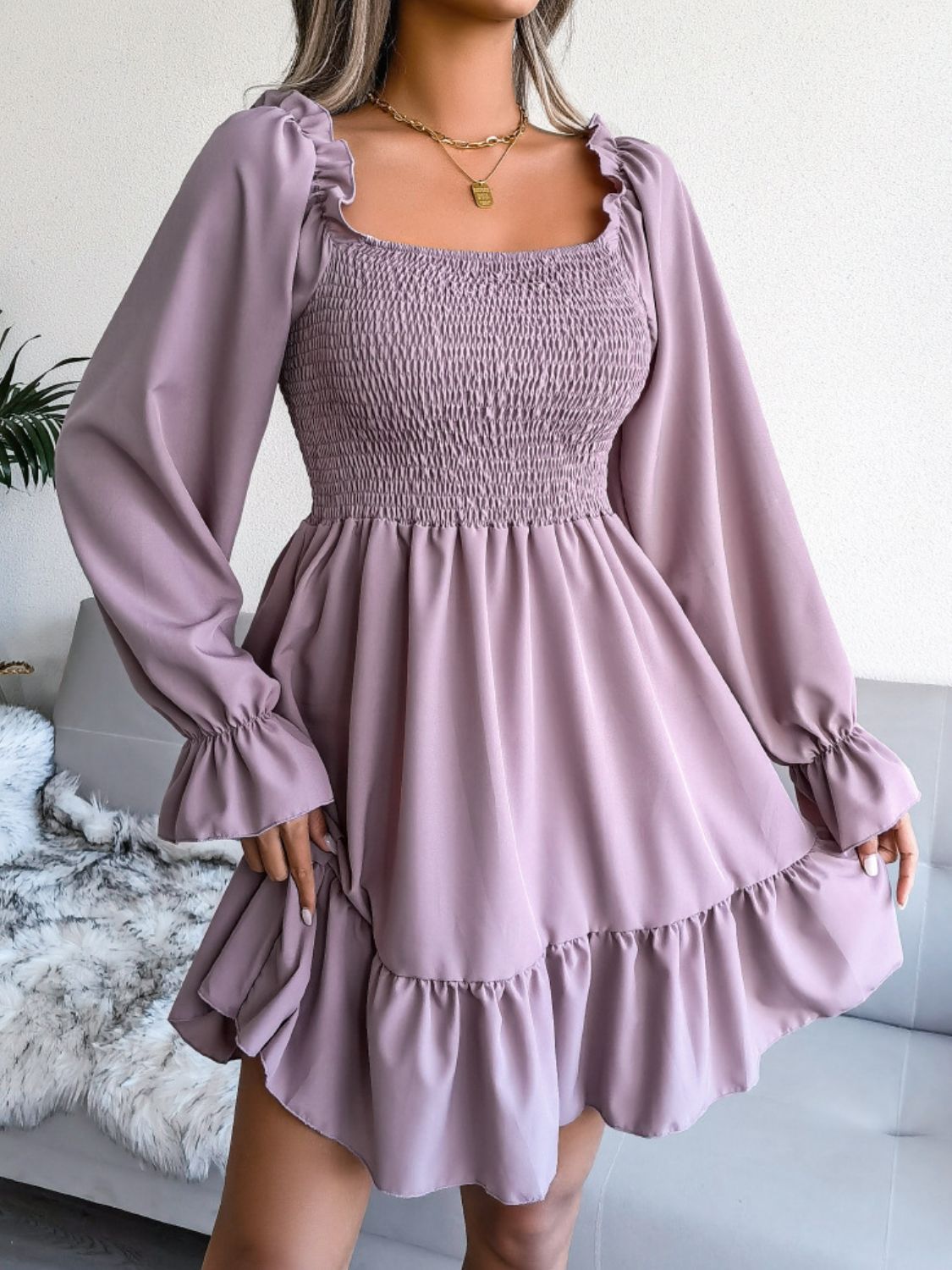 Smocked Flounce Sleeve Square Neck Dress - Purple / S - All Dresses - Dresses - 5 - 2024