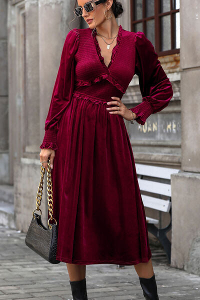 Smocked Lantern Sleeve Midi Dress - Deep Rose / S - All Dresses - Dresses - 1 - 2024