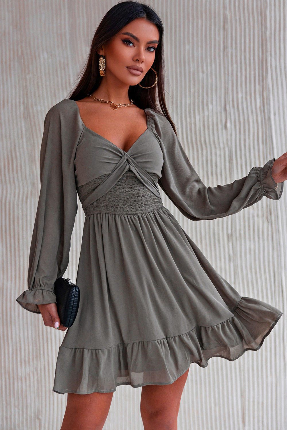 Smocked Long Flounce Sleeve Ruffle Hem Dress - Gray / M - All Dresses - Dresses - 1 - 2024