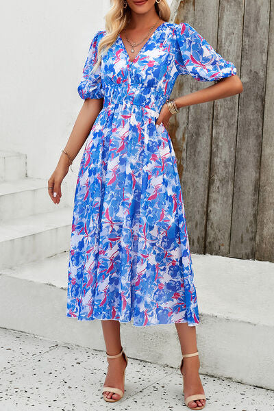 Smocked Printed V-Neck Short Sleeve Dress - Ultra marine / S - All Dresses - Dresses - 6 - 2024
