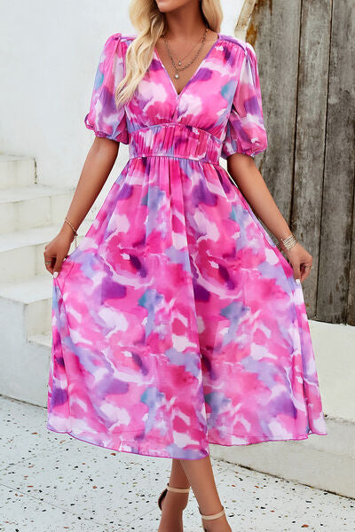 Smocked Printed V-Neck Short Sleeve Dress - Hot Pink / S - All Dresses - Dresses - 16 - 2024