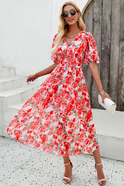 Smocked Printed V-Neck Short Sleeve Dress - Strawberry / S - All Dresses - Dresses - 1 - 2024