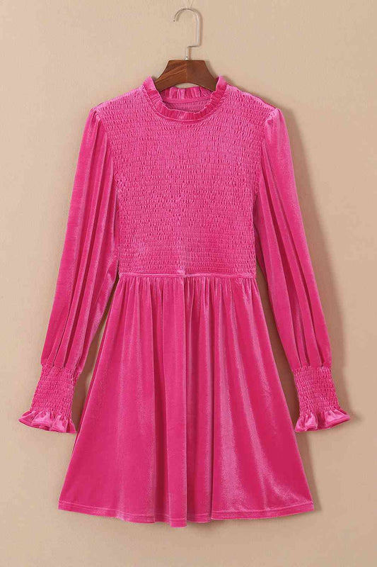 Smocked Round Neck Long Sleeve Dress - Hot Pink / S - All Dresses - Dresses - 1 - 2024