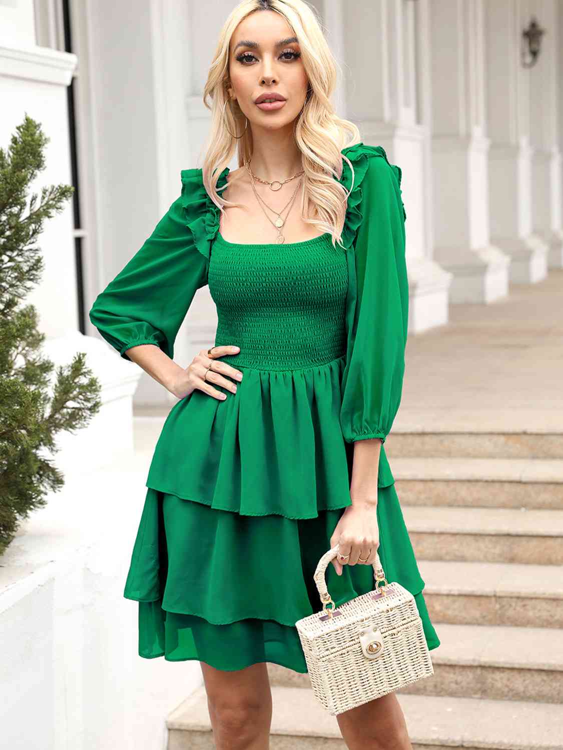 Smocked Square Neck Layered Dress - Green / S - All Dresses - Dresses - 5 - 2024