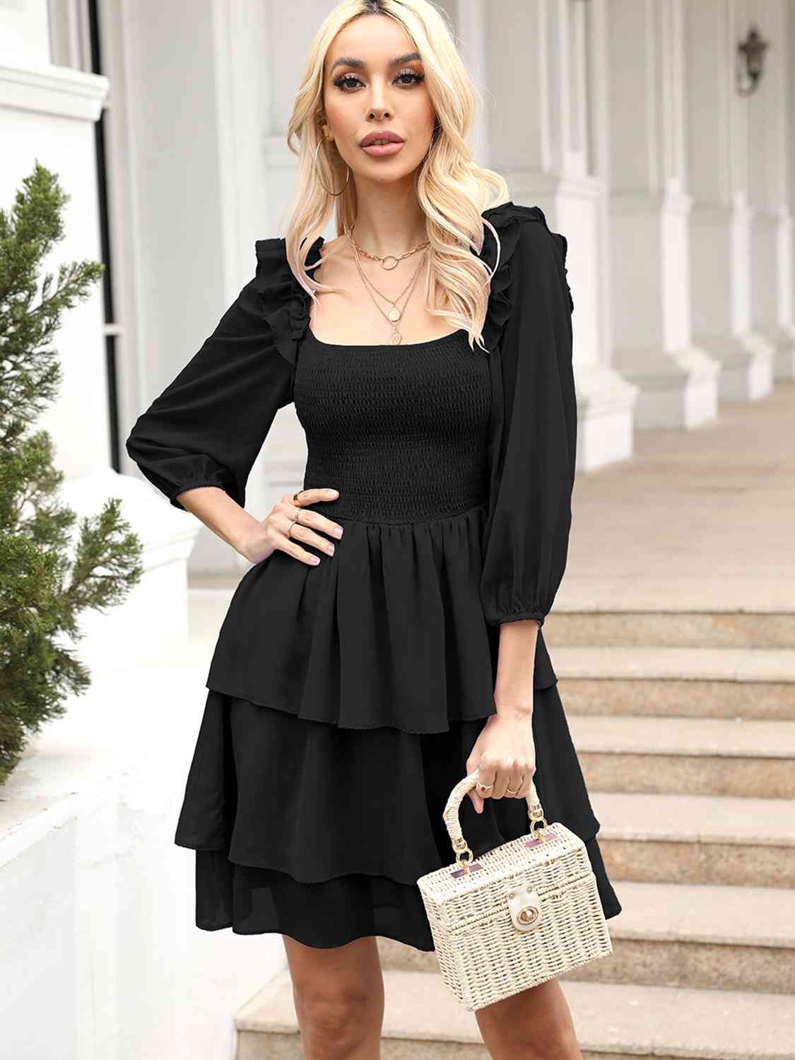 Smocked Square Neck Layered Dress - Black / S - All Dresses - Dresses - 16 - 2024