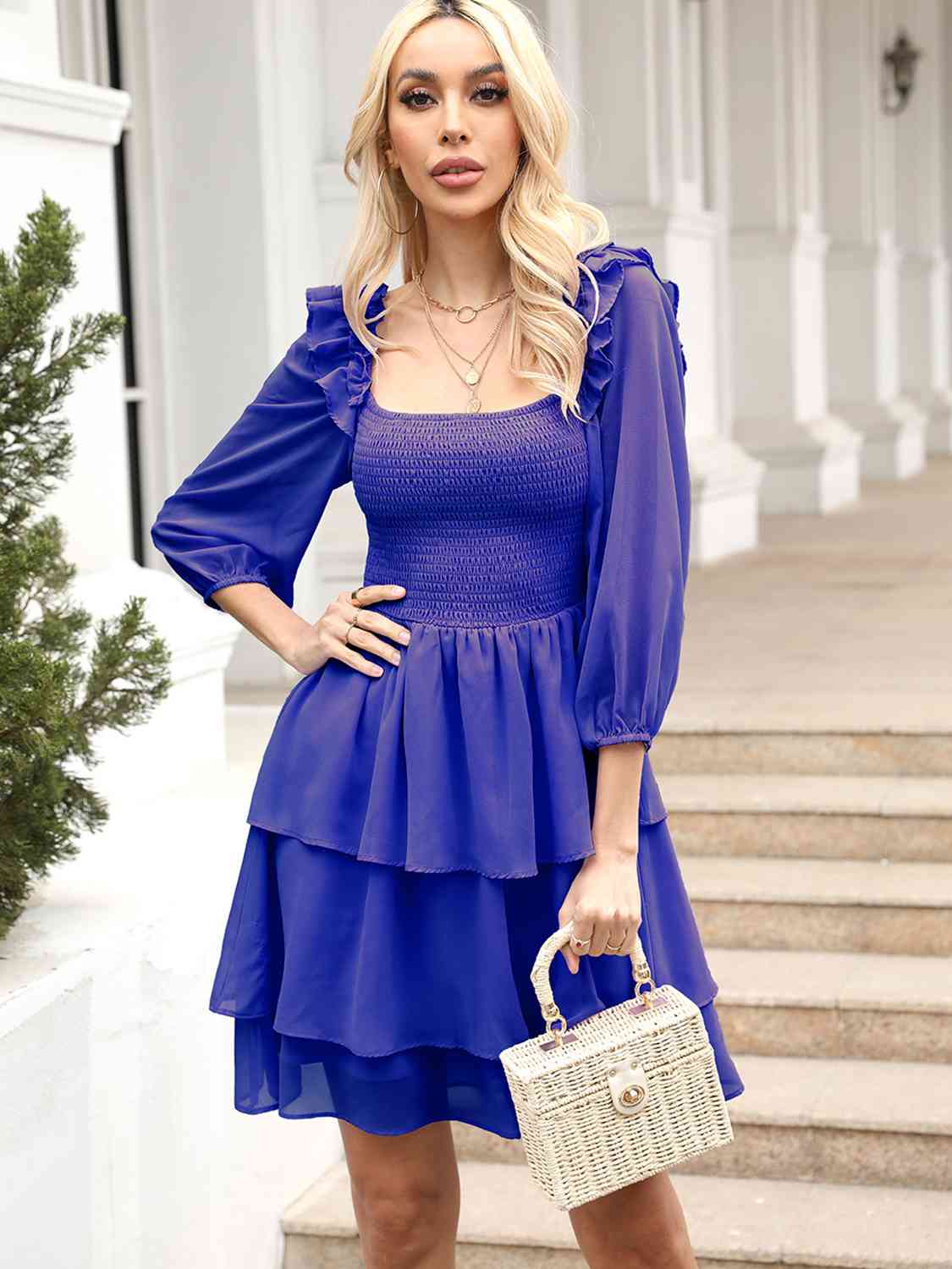 Smocked Square Neck Layered Dress - Royal Blue / S - All Dresses - Dresses - 9 - 2024