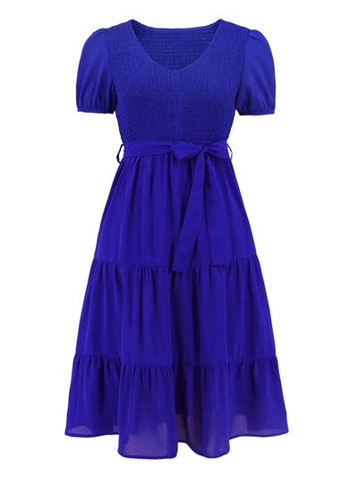 Smocked Tie Front Short Sleeve Tiered Dress - All Dresses - Dresses - 19 - 2024