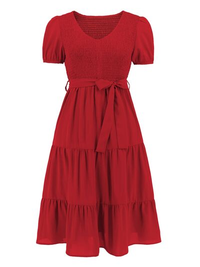 Smocked Tie Front Short Sleeve Tiered Dress - All Dresses - Dresses - 5 - 2024