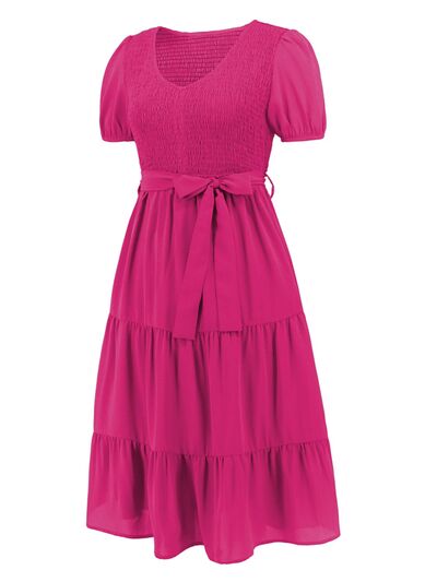 Smocked Tie Front Short Sleeve Tiered Dress - All Dresses - Dresses - 34 - 2024