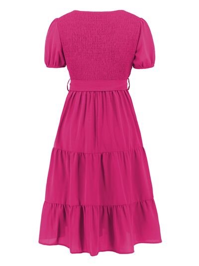 Smocked Tie Front Short Sleeve Tiered Dress - All Dresses - Dresses - 35 - 2024
