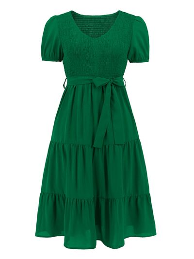 Smocked Tie Front Short Sleeve Tiered Dress - All Dresses - Dresses - 26 - 2024