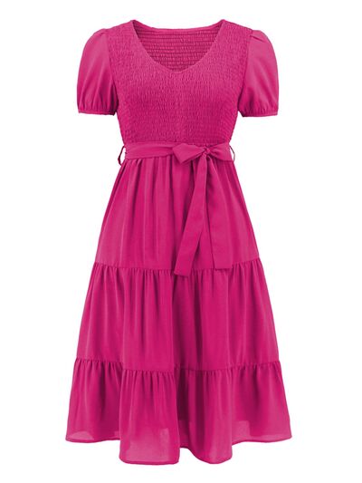 Smocked Tie Front Short Sleeve Tiered Dress - All Dresses - Dresses - 33 - 2024