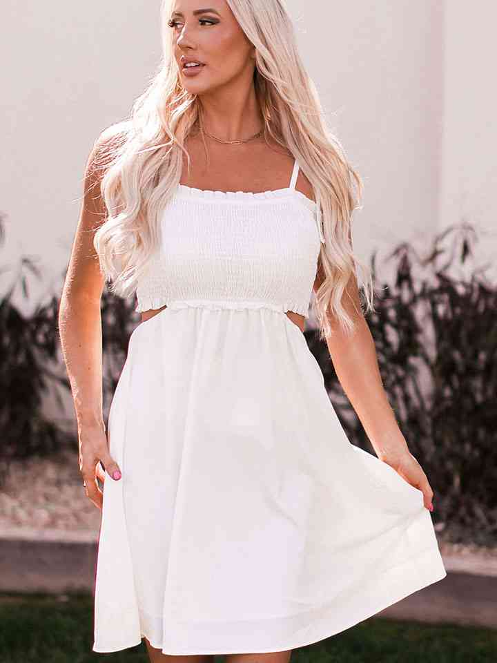 Spaghetti Strap Side Cutout Smocked Mini Dress - White / M - All Dresses - Dresses - 1 - 2024