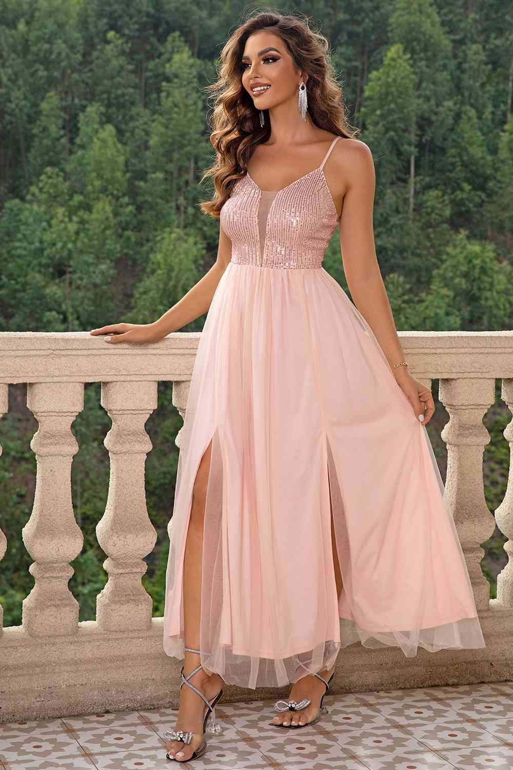 Spaghetti Strap Slit Mesh Dress - Blush Pink / XS - All Dresses - Dresses - 8 - 2024