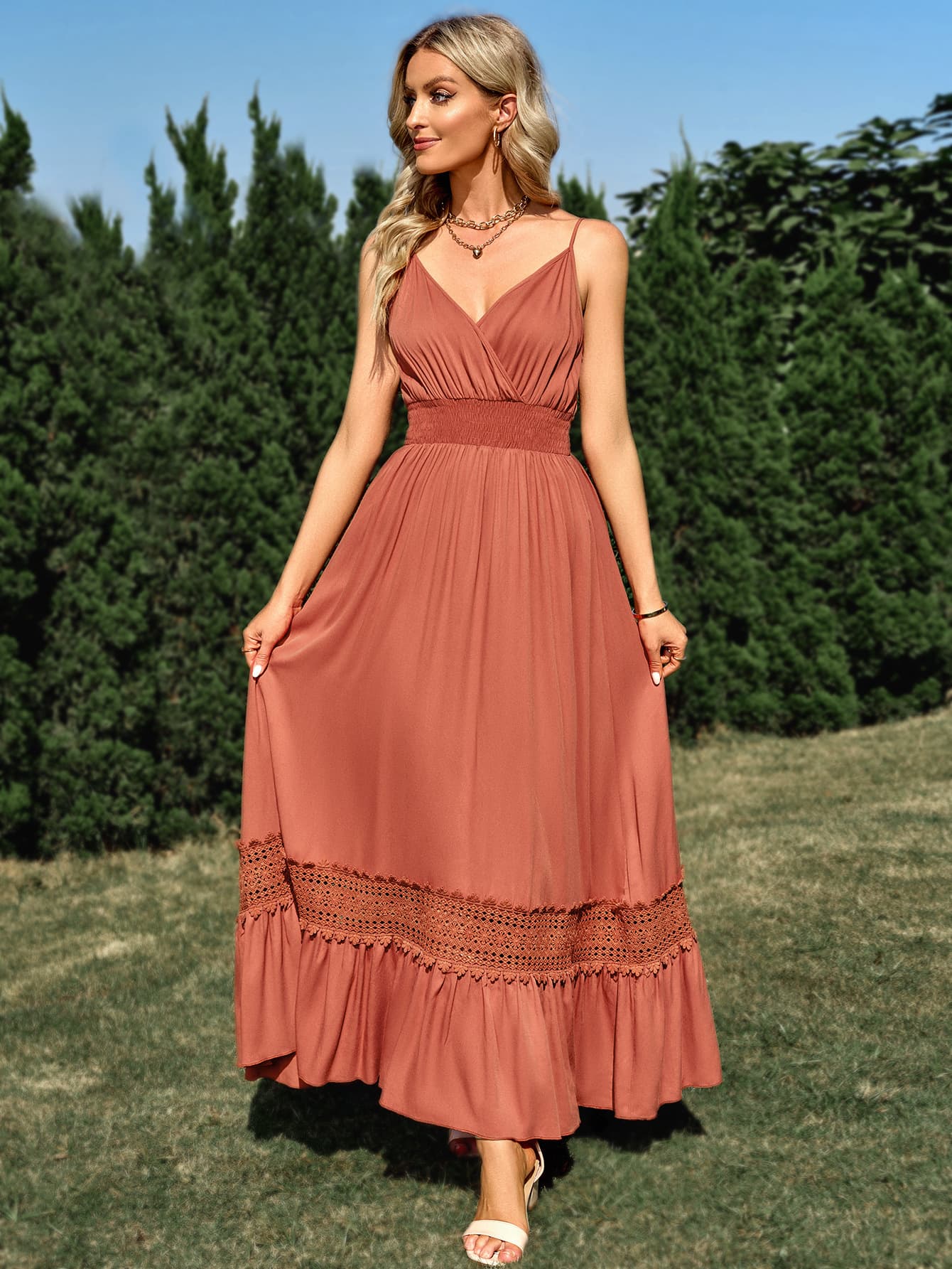 Spaghetti Strap Smocked Waist Spliced Lace Dress - All Dresses - Dresses - 10 - 2024