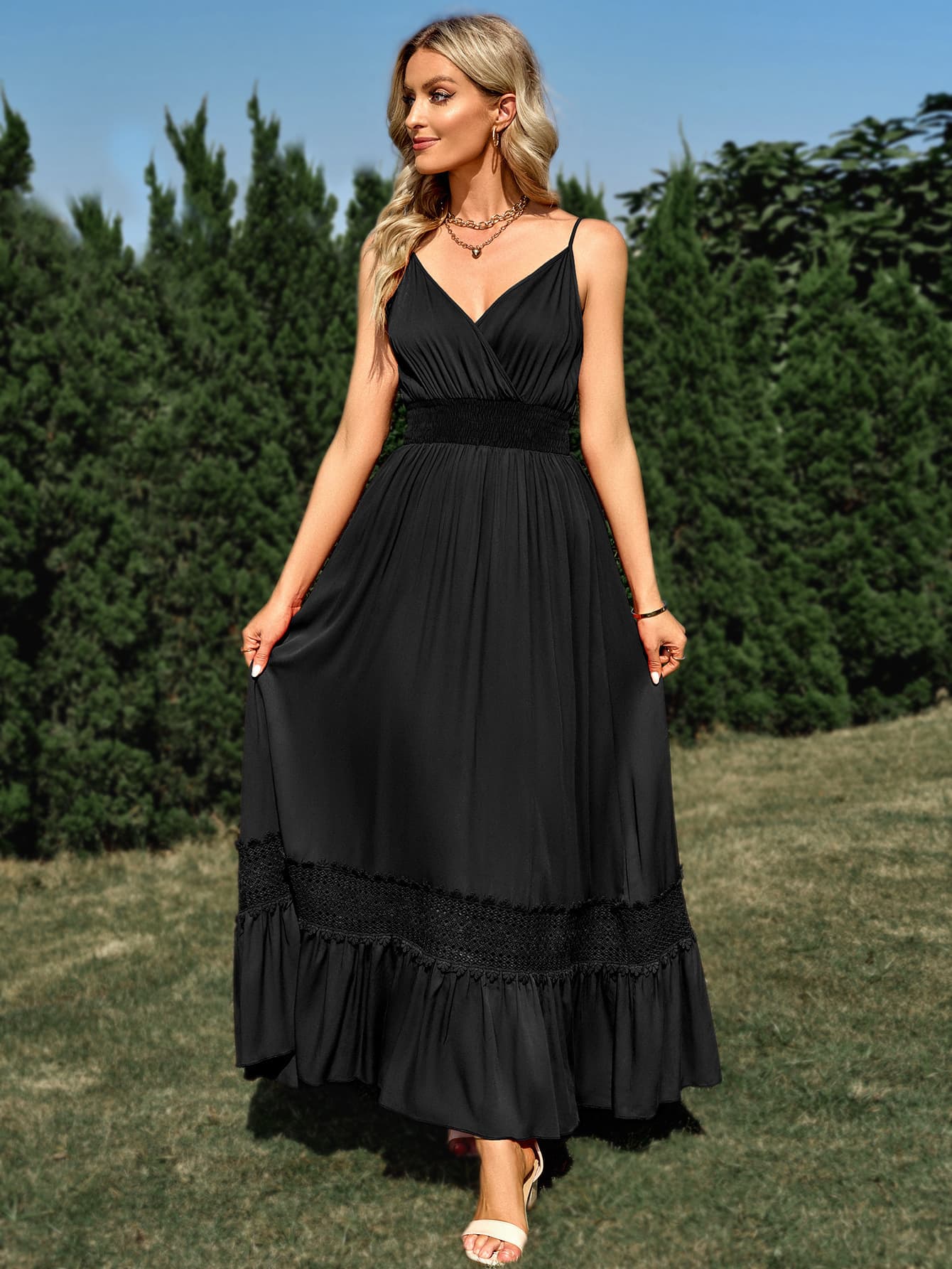 Spaghetti Strap Smocked Waist Spliced Lace Dress - Black / S - All Dresses - Dresses - 4 - 2024