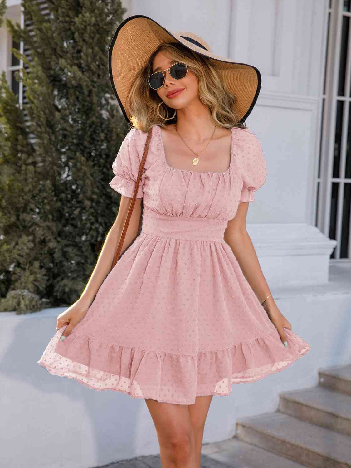 Square Neck Ruffle Hem Dress - Blush Pink / S - All Dresses - Dresses - 6 - 2024