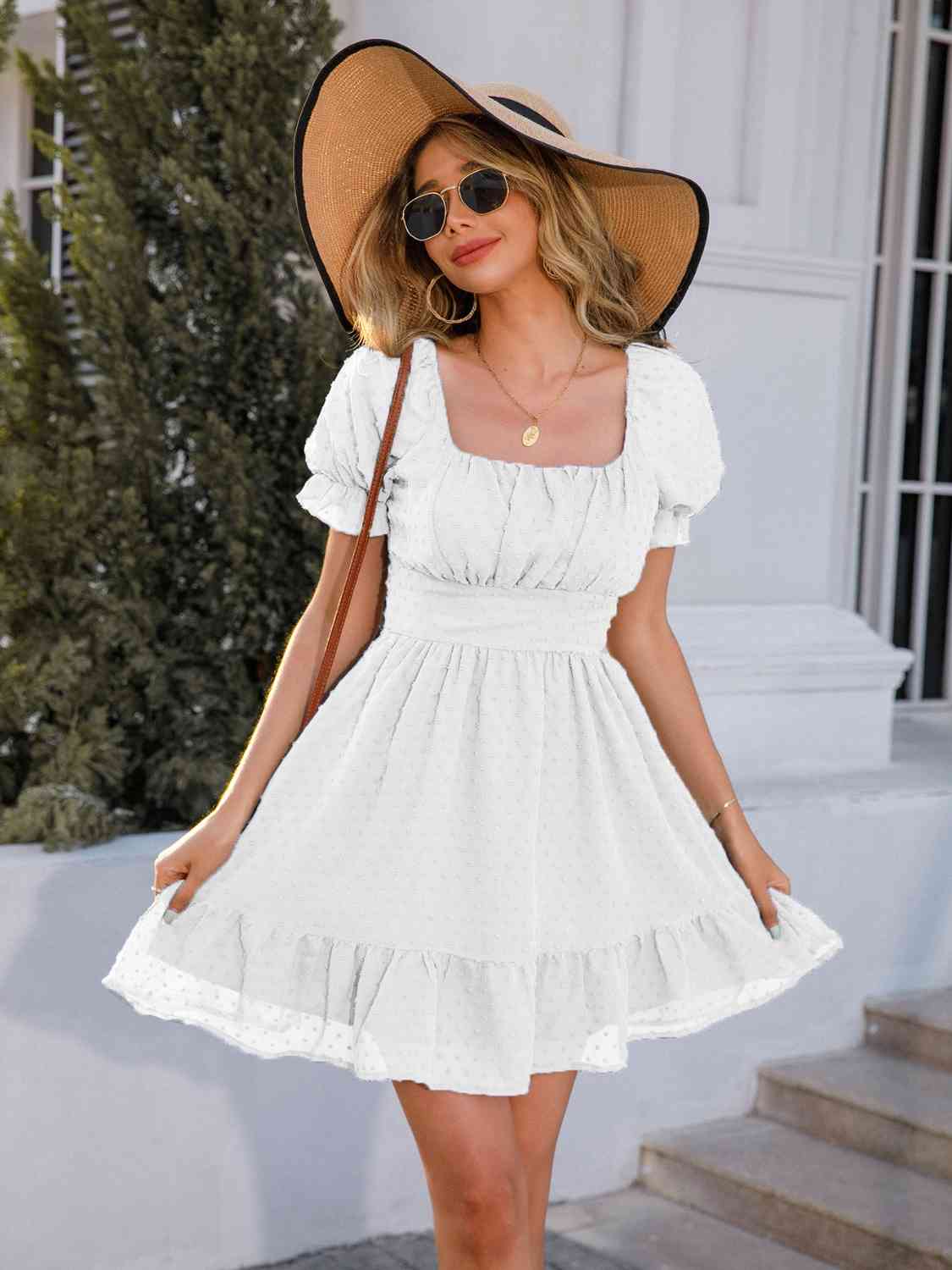 Square Neck Ruffle Hem Dress - White / S - All Dresses - Dresses - 7 - 2024
