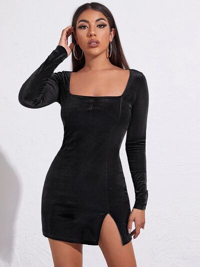 Square Neck Slit Mini Wrap Dress - Black / S - All Dresses - Dresses - 1 - 2024