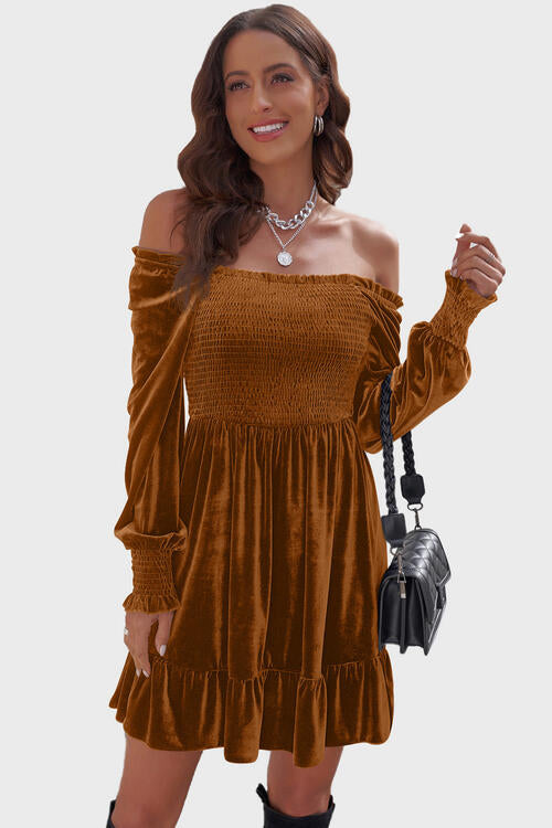 Square Neck Smocked Ruffle Hem Dress - Ochre / S - All Dresses - Dresses - 1 - 2024