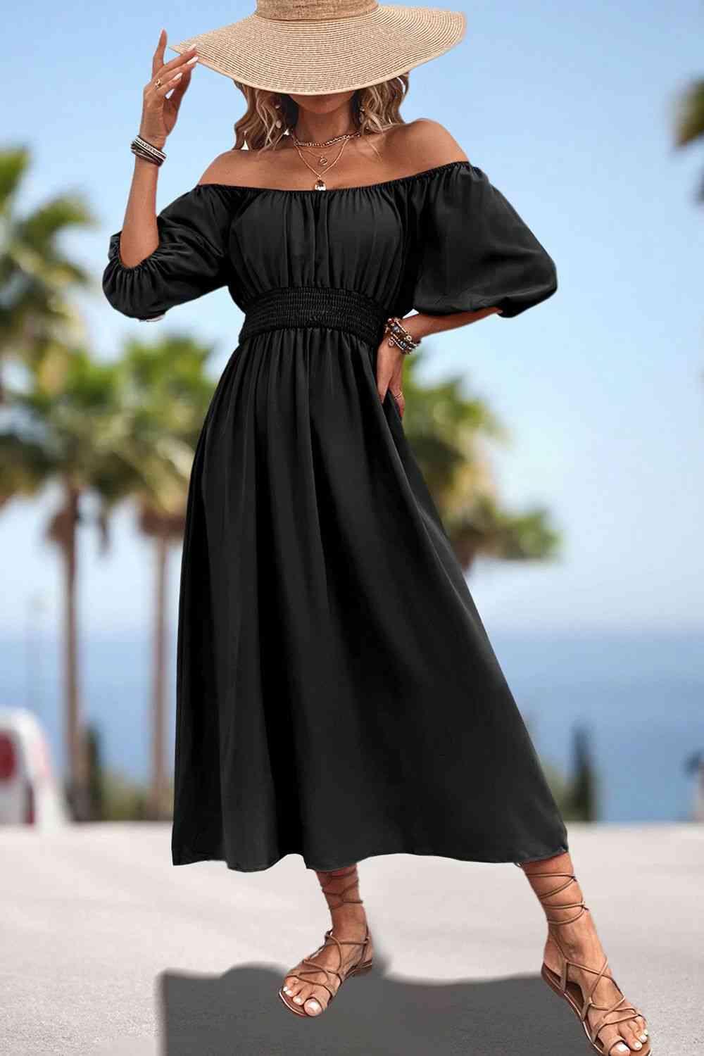 Square Neck Smocked Waist Puff Sleeve Midi Dress - Black / S - All Dresses - Dresses - 5 - 2024