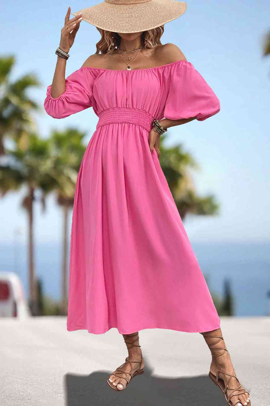 Square Neck Smocked Waist Puff Sleeve Midi Dress - Fuchsia Pink / S - All Dresses - Dresses - 1 - 2024