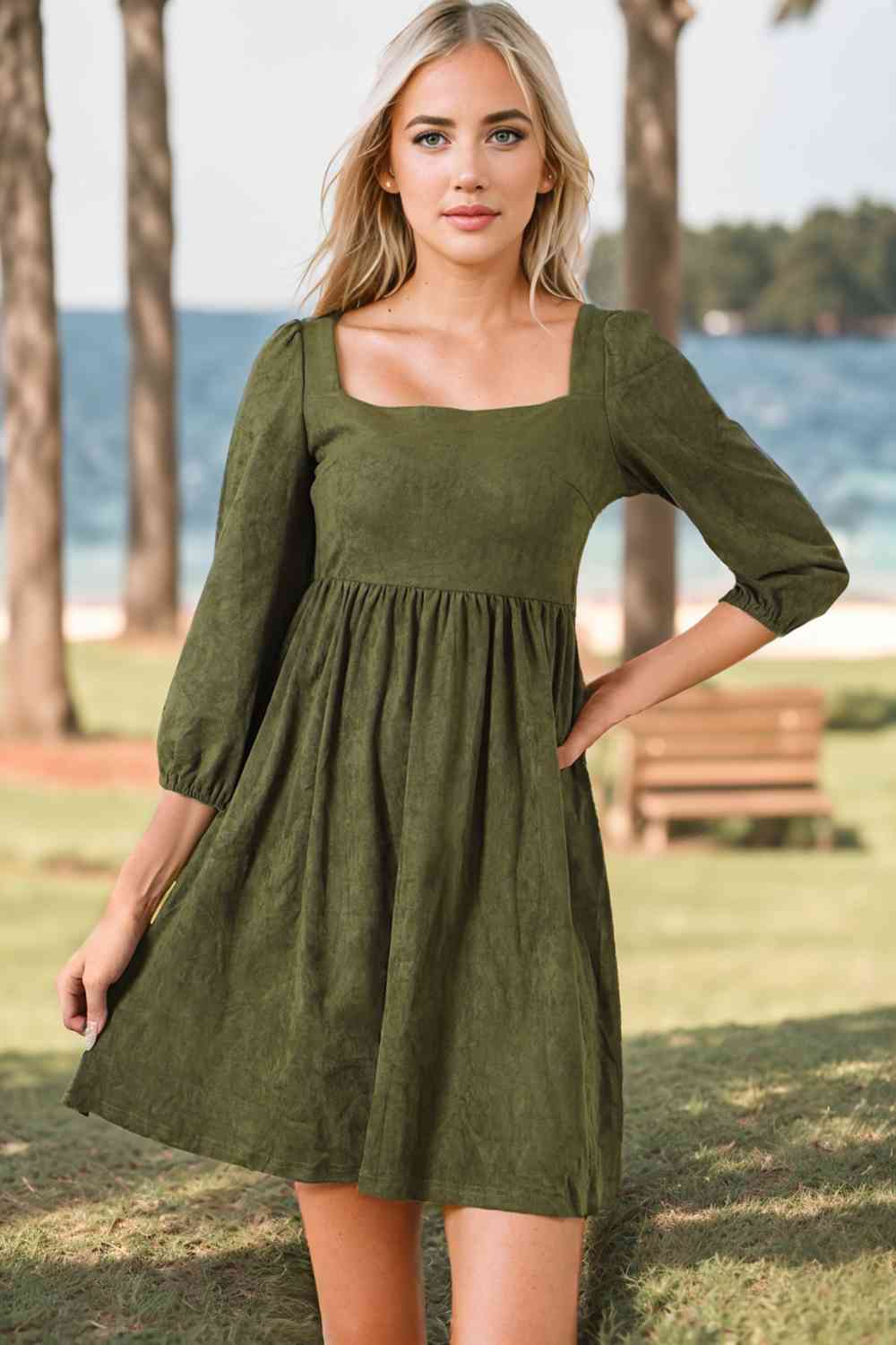 Square Neck Three-Quater Sleeve Mini Dress - Moss / S - All Dresses - Dresses - 1 - 2024