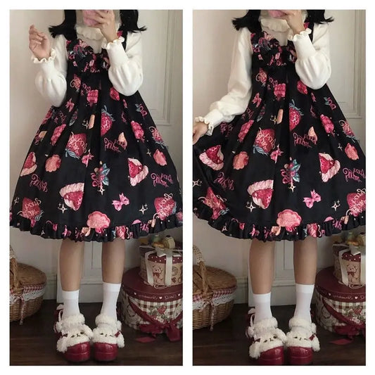 Strawberry Print Sweet Lolita Dress - Sleeveless Suspender - Black / S - All Dresses - Dresses - 7 - 2024