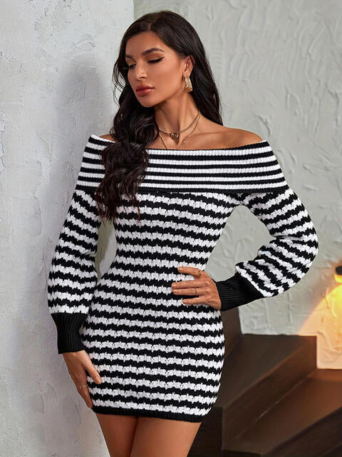 Striped Off-Shoulder Sweater Dress - Black / S - All Dresses - Dresses - 1 - 2024