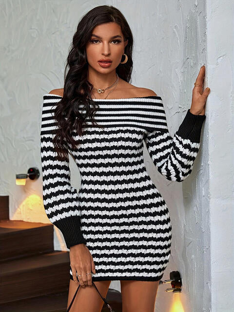 Striped Off-Shoulder Sweater Dress - All Dresses - Dresses - 3 - 2024