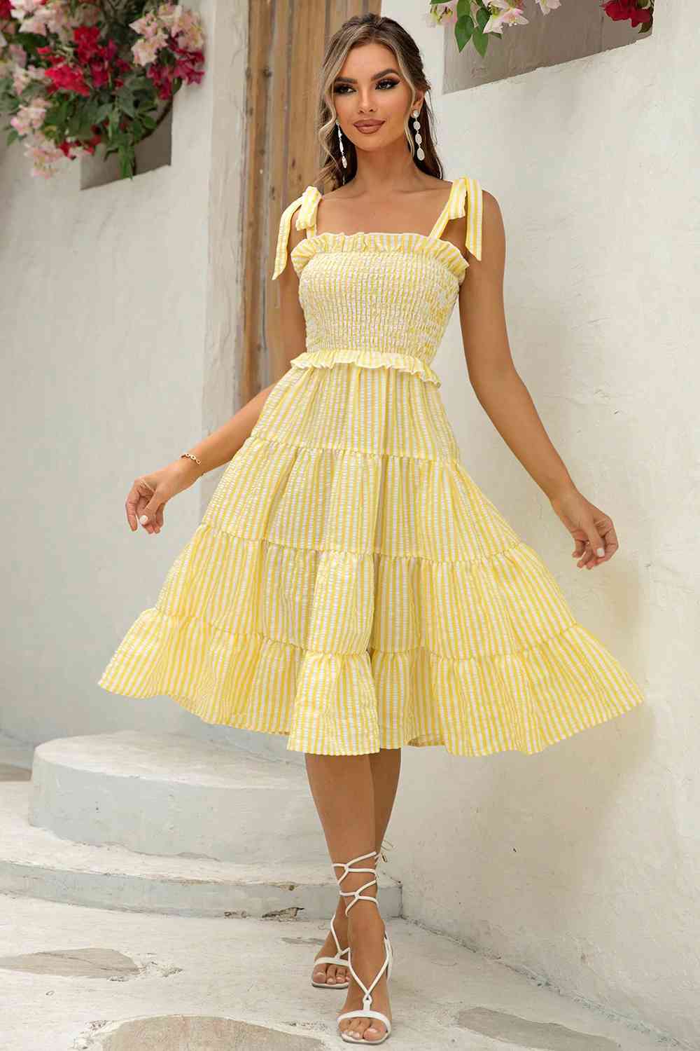 Striped Tie-Shoulder Tiered Dress - Banana Yellow / XS - All Dresses - Dresses - 1 - 2024