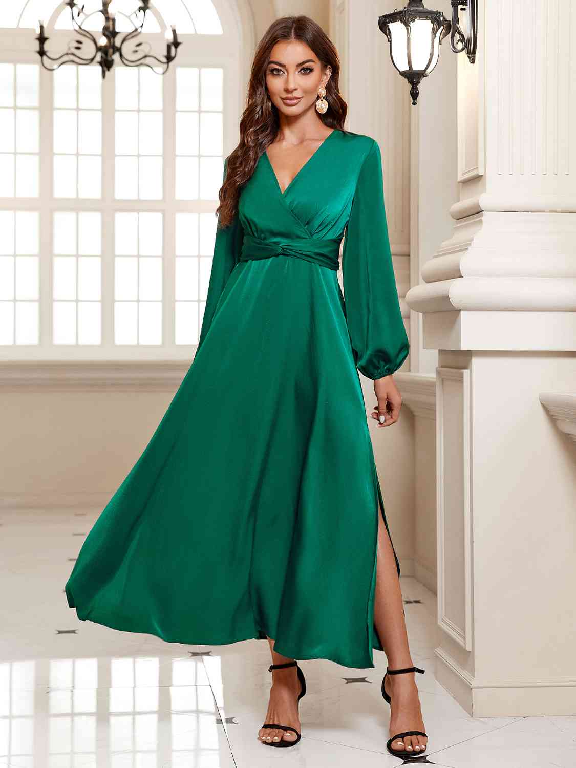 Surplice Long Sleeve Slit Midi Dress - Green / S - All Dresses - Dresses - 1 - 2024
