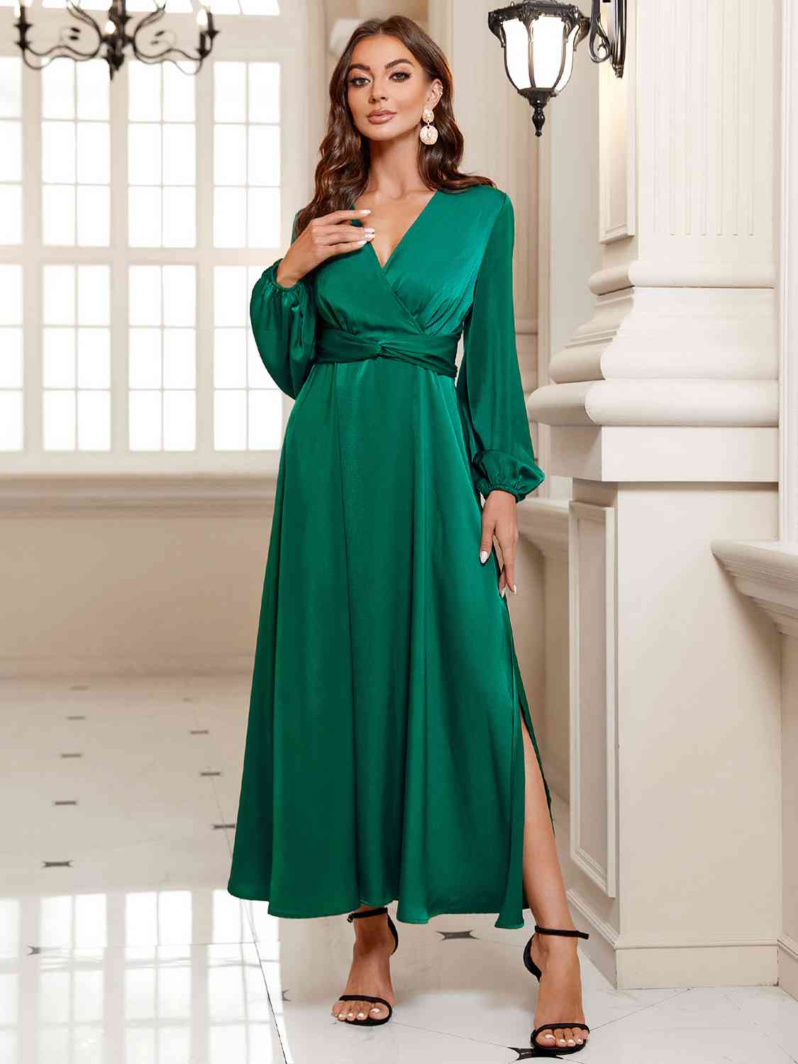 Surplice Long Sleeve Slit Midi Dress - All Dresses - Dresses - 5 - 2024