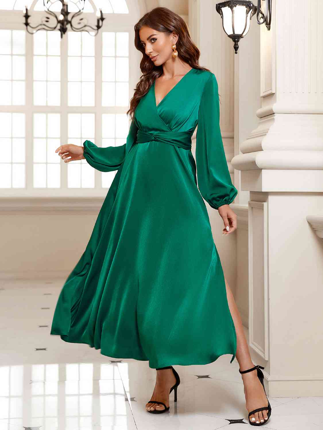 Surplice Long Sleeve Slit Midi Dress - All Dresses - Dresses - 3 - 2024