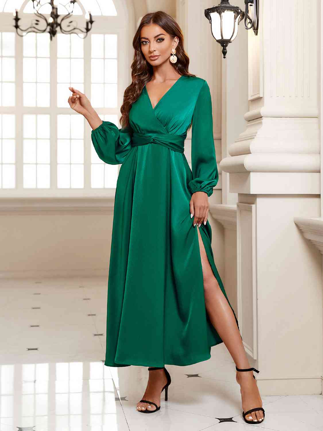Surplice Long Sleeve Slit Midi Dress - All Dresses - Dresses - 4 - 2024