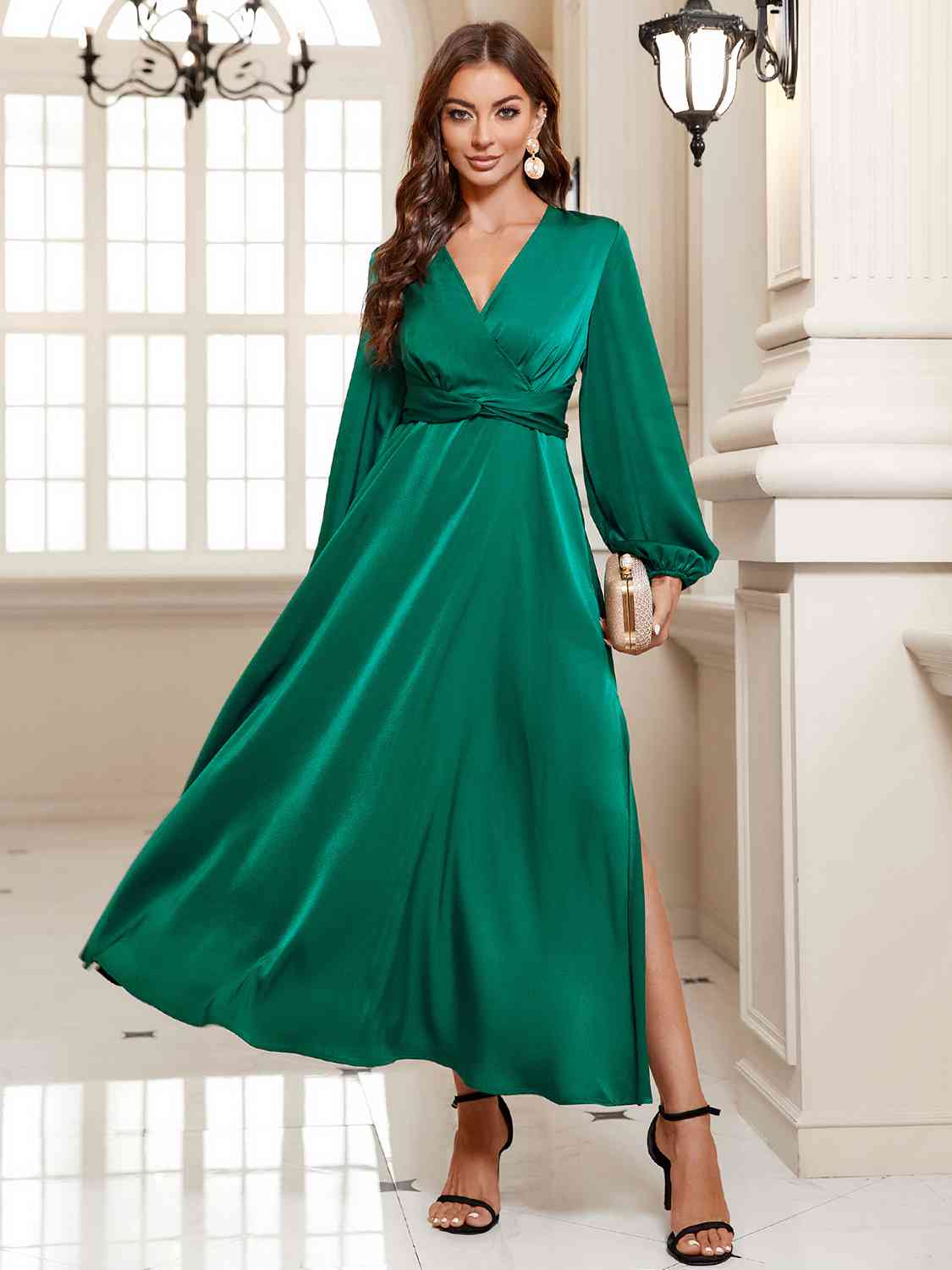 Surplice Long Sleeve Slit Midi Dress - All Dresses - Dresses - 6 - 2024