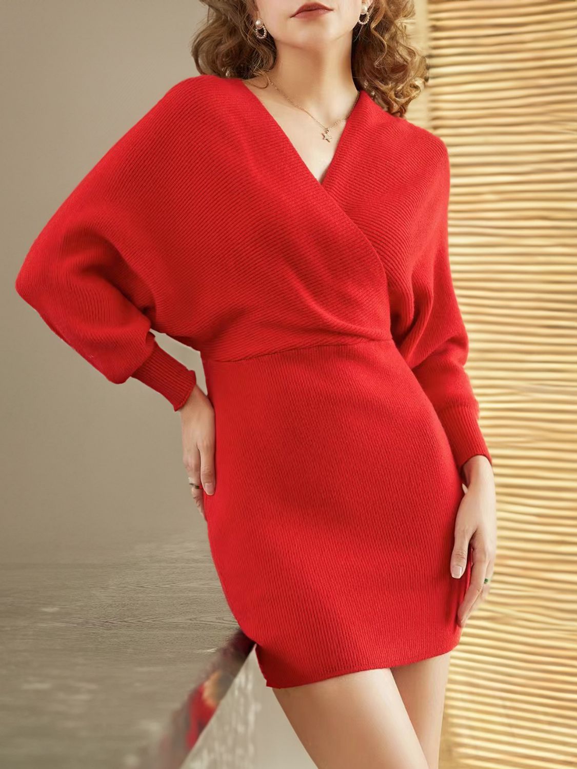 Surplice Neck Dolman Sleeve Sweater Dress - All Dresses - Dresses - 3 - 2024