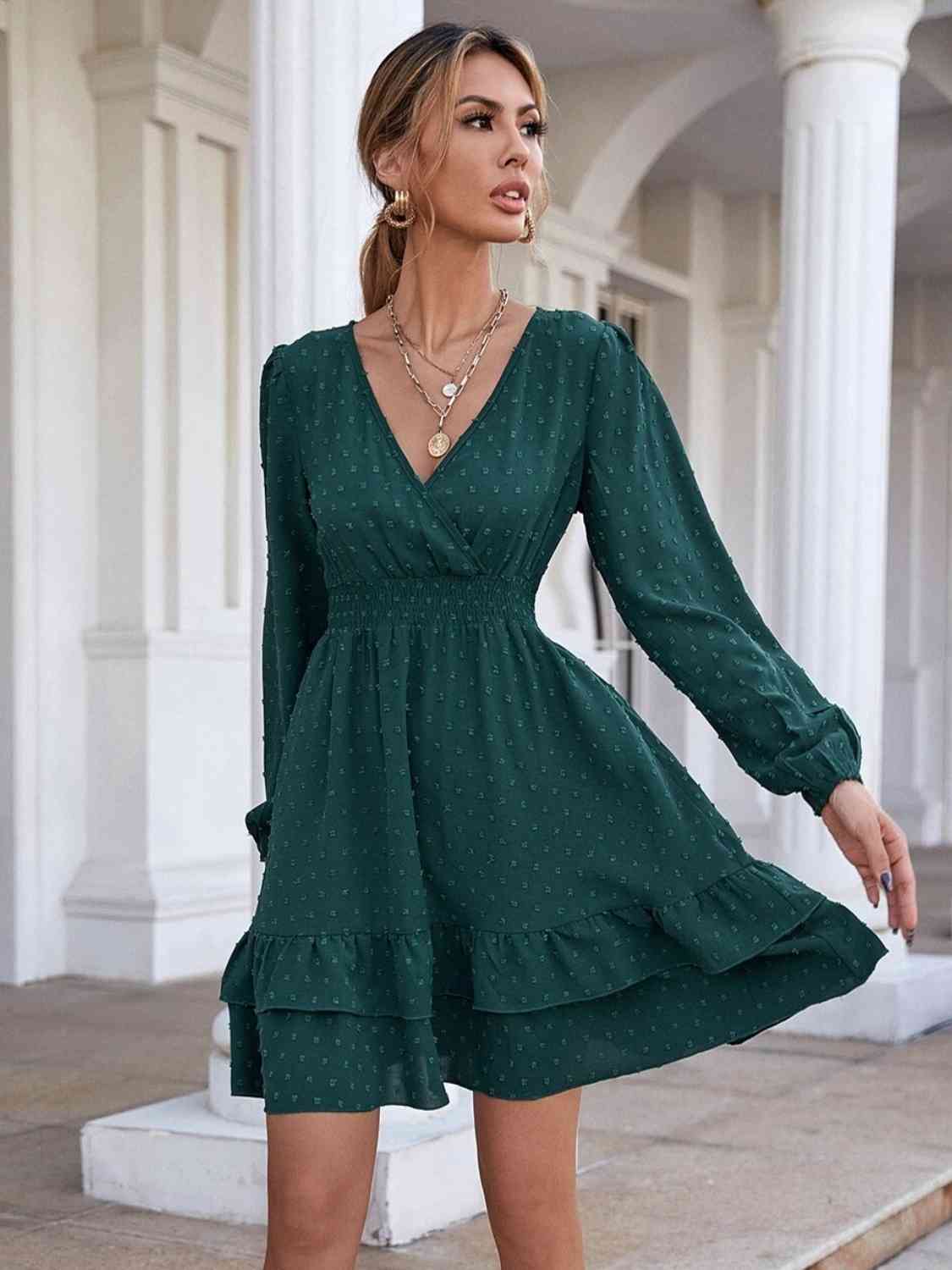 Surplice Neck Long Sleeve Dress - Green / S - All Dresses - Dresses - 1 - 2024