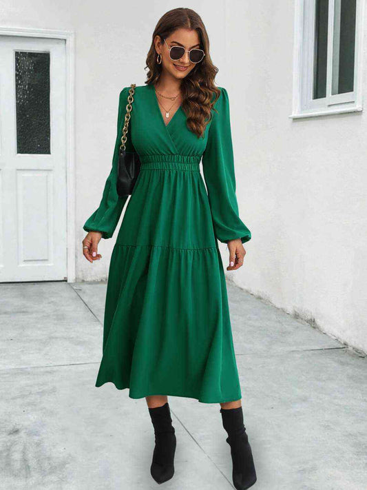 Surplice Neck Long Sleeve Midi Dress - Green / S - All Dresses - Dresses - 1 - 2024