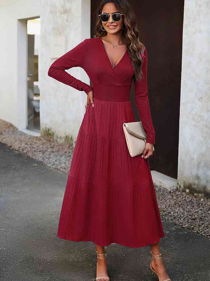 Surplice Neck Long Sleeve Smocked Waist Midi Dress - Deep Red / S - All Dresses - Dresses - 1 - 2024