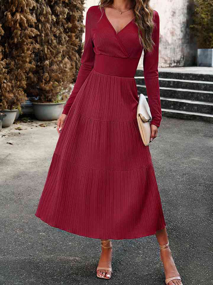 Surplice Neck Long Sleeve Smocked Waist Midi Dress - All Dresses - Dresses - 3 - 2024