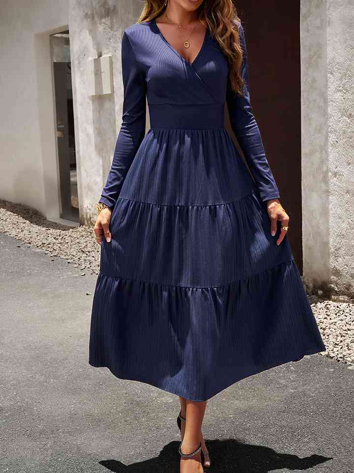 Surplice Neck Long Sleeve Smocked Waist Midi Dress - Peacock Blue / S - All Dresses - Dresses - 5 - 2024