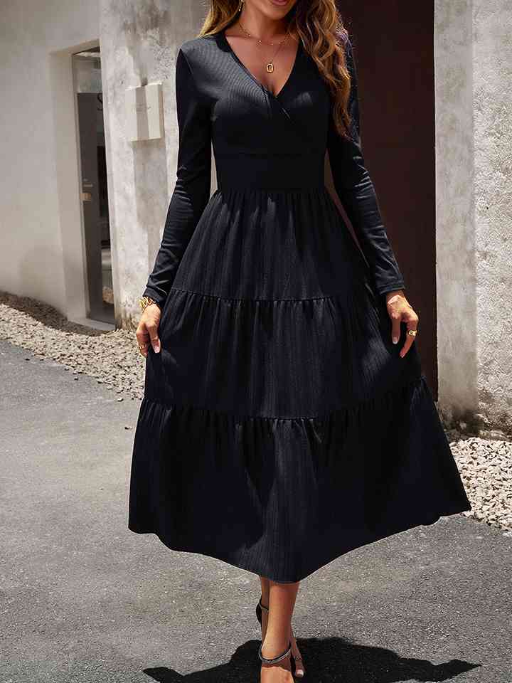 Surplice Neck Long Sleeve Smocked Waist Midi Dress - Black / S - All Dresses - Dresses - 9 - 2024