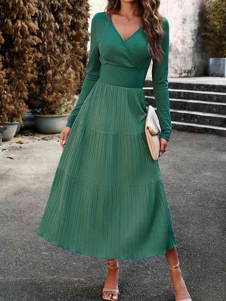 Surplice Neck Long Sleeve Smocked Waist Midi Dress - All Dresses - Dresses - 15 - 2024