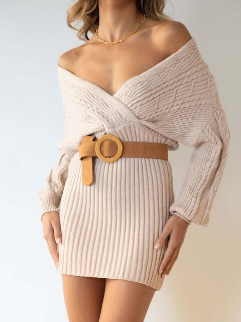 Surplice Neck Long Sleeve Sweater Dress - All Dresses - Dresses - 7 - 2024