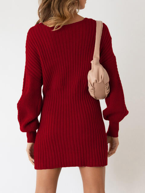 Surplice Neck Long Sleeve Sweater Dress - All Dresses - Dresses - 12 - 2024