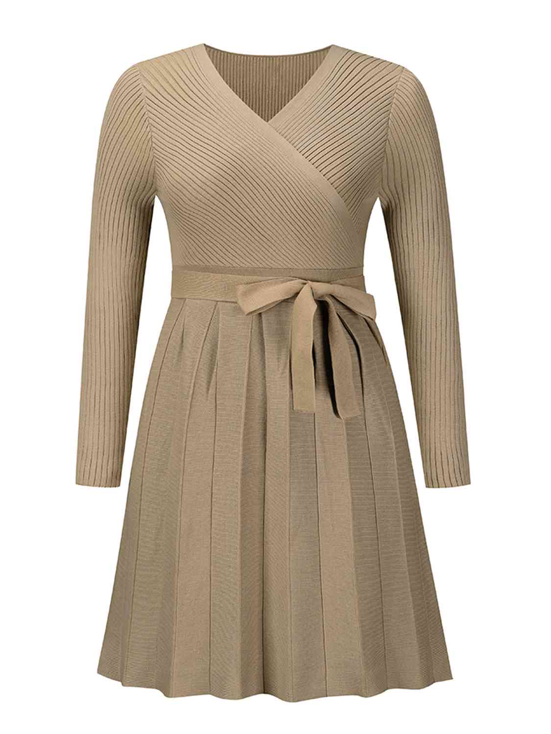 Surplice Neck Tie Front Pleated Sweater Dress - All Dresses - Dresses - 12 - 2024