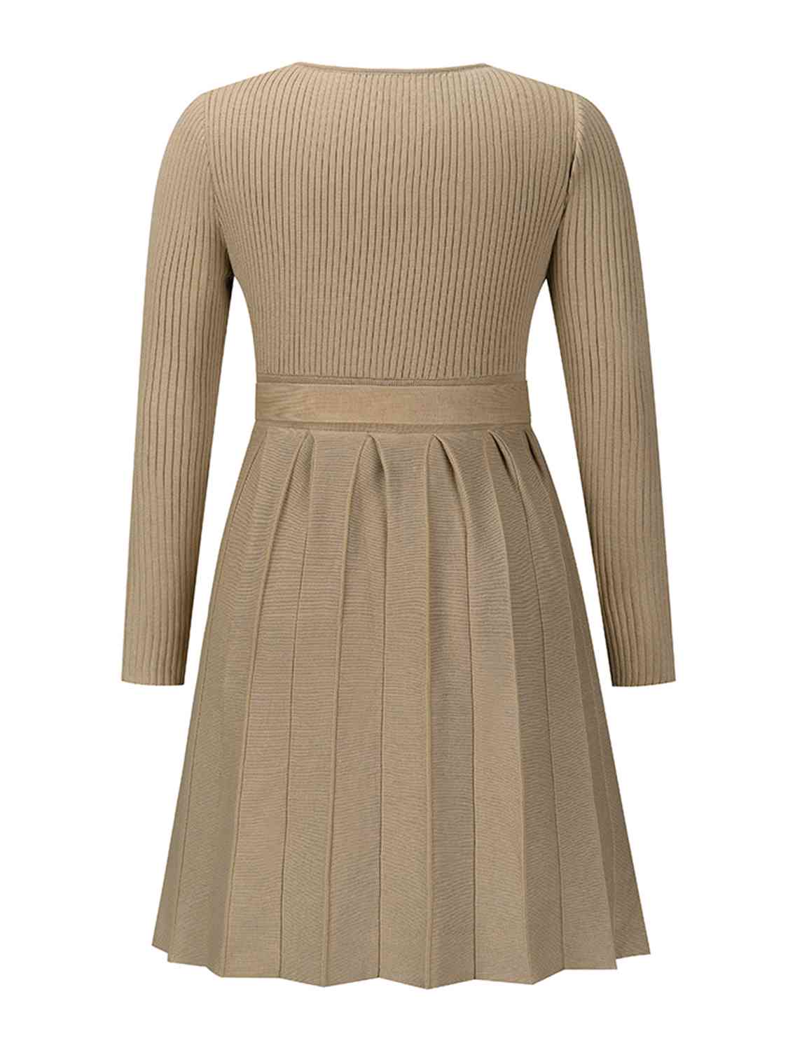 Surplice Neck Tie Front Pleated Sweater Dress - All Dresses - Dresses - 13 - 2024