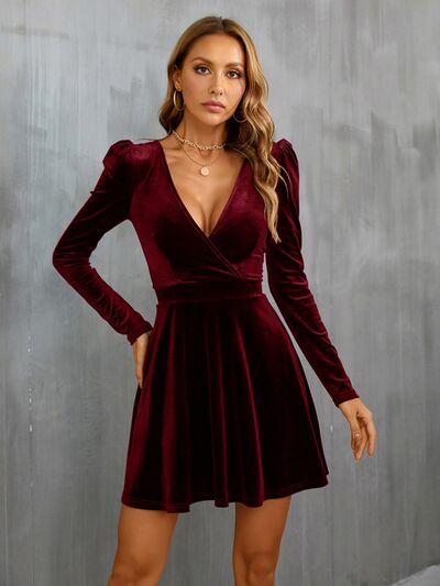 Surplice Puff Sleeve Mini Dress - Wine / S - All Dresses - Dresses - 1 - 2024
