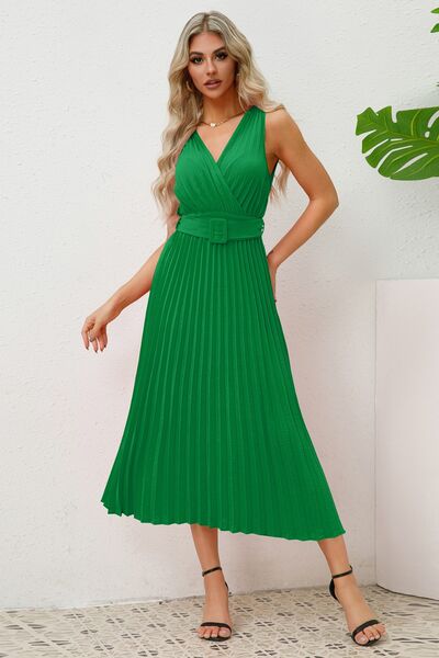 Surplice Sleeveless Midi Pleated Dress - Mid Green / S - All Dresses - Dresses - 9 - 2024